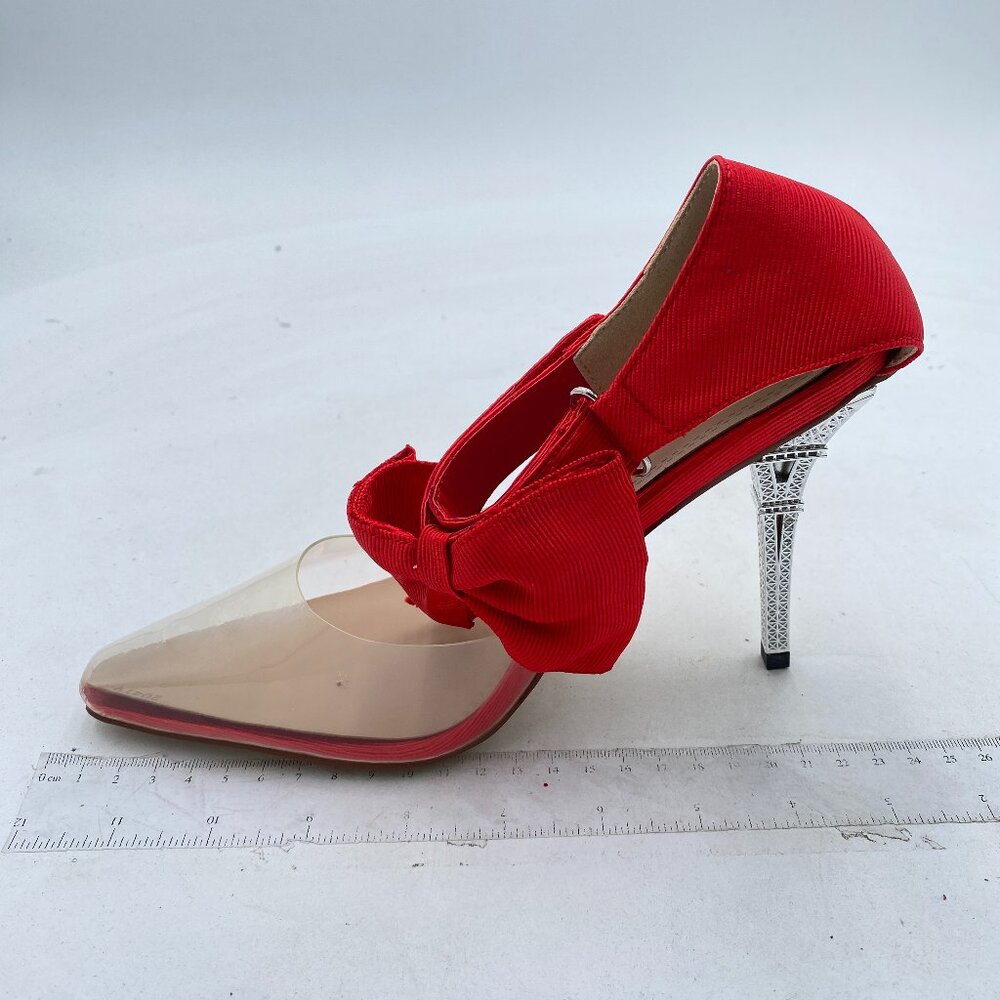Red Clear Pointed Toe Ankle Strap Pumps with Bow High Heel Dress Shoes Sandal